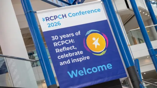 Large banner sign that reads, RCPCH Conference 2026 | 30 years of RCPCH: Reflect, celebrate and inspire | Welcome