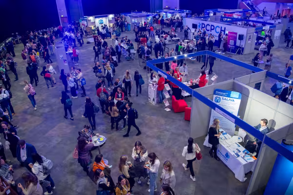A busy exhibition floor, looked from above